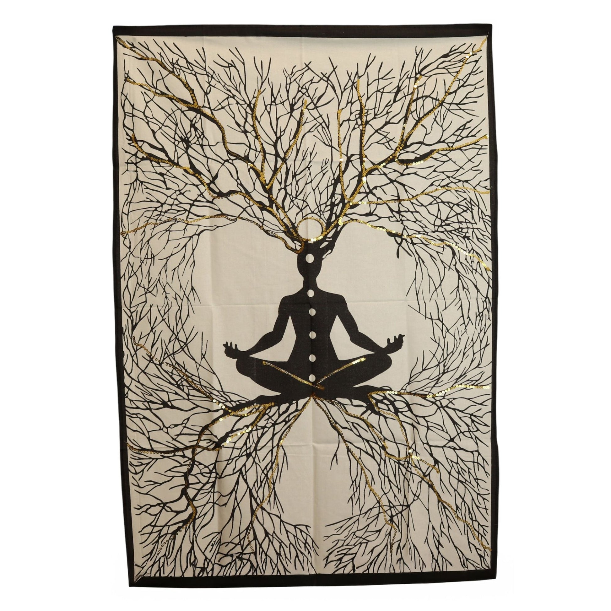 Alt Tag: Chakra Earth Connection Cotton Wall Art – 70 × 110 CM cotton wall hanging with meditating figure and tree branches design