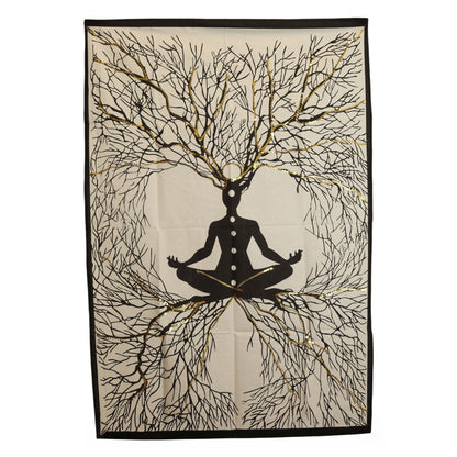 Alt Tag: Chakra Earth Connection Cotton Wall Art – 70 × 110 CM cotton wall hanging with meditating figure and tree branches design