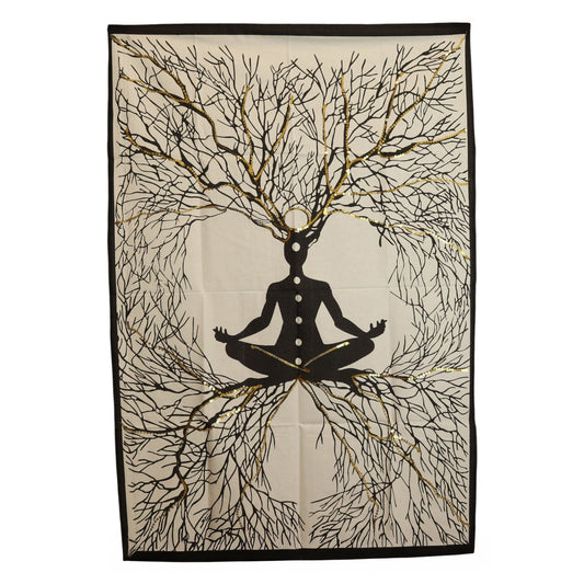 Alt Tag: Chakra Earth Connection Cotton Wall Art – 70 × 110 CM cotton wall hanging with meditating figure and tree branches design