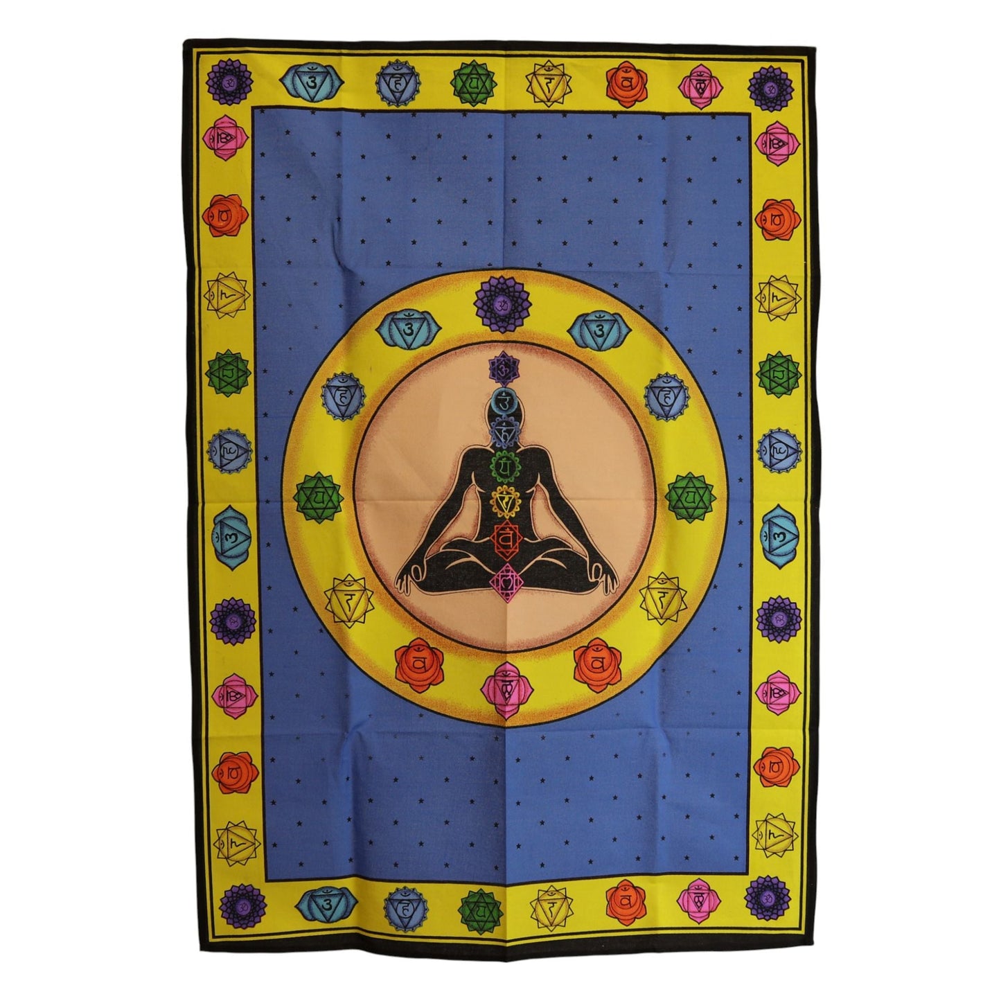 Tapiz de pared de algodón Chakra Fibrant – 70 × 110 CM, tapiz de algodón azul con figura en meditación y símbolos de chakras multicolor