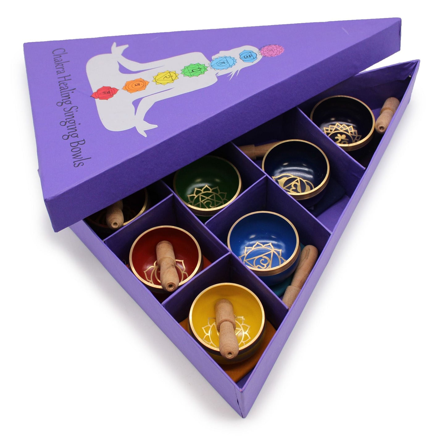 Set de regalo de cuencos tibetanos Chakra Pyramid con 7 cuencos de chakras de colores y mazos de madera en caja pirámide morada