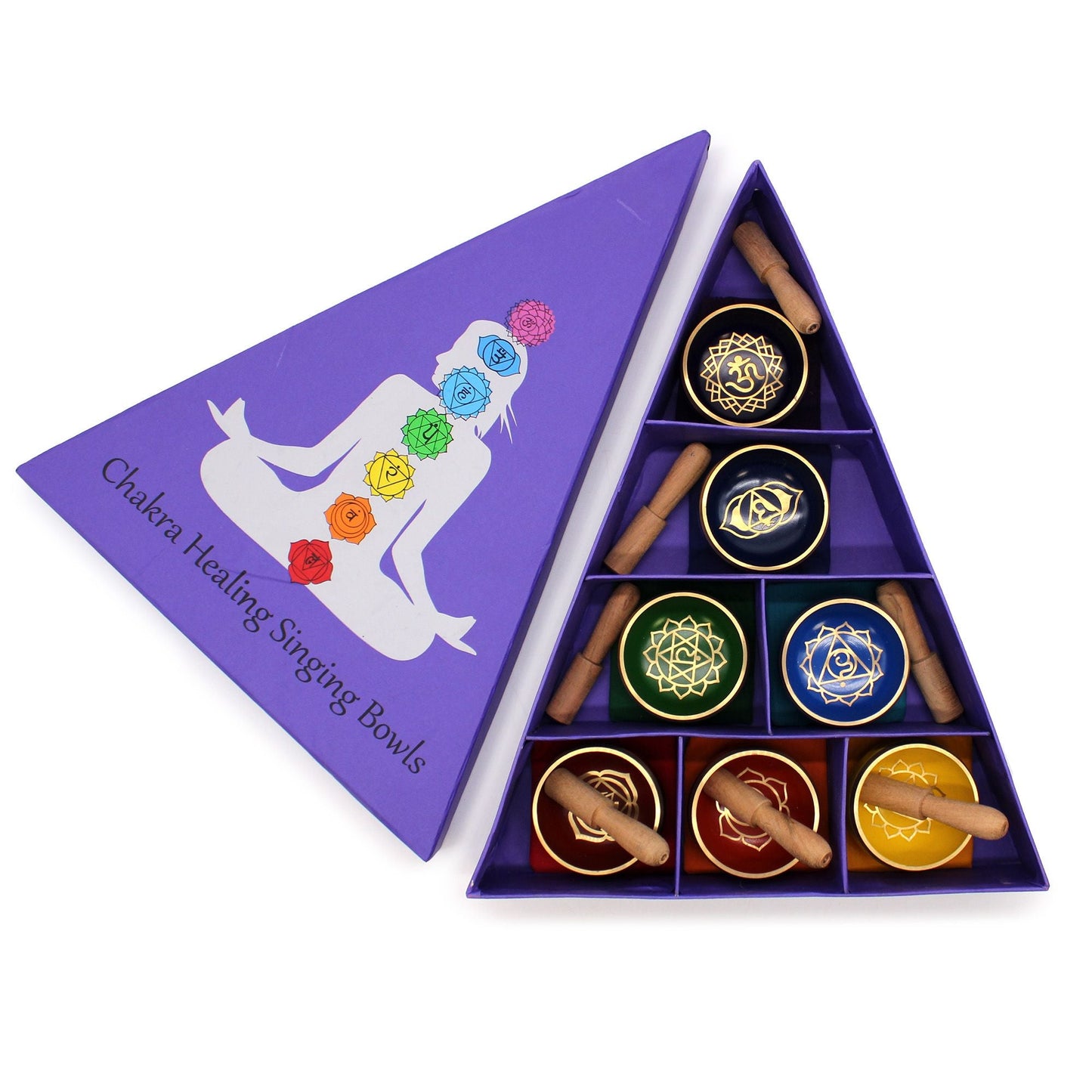 Set de regalo de cuencos cantores Chakra Pyramid con 7 cuencos afinados y mazos en estuche piramidal morado, diseño de chakras