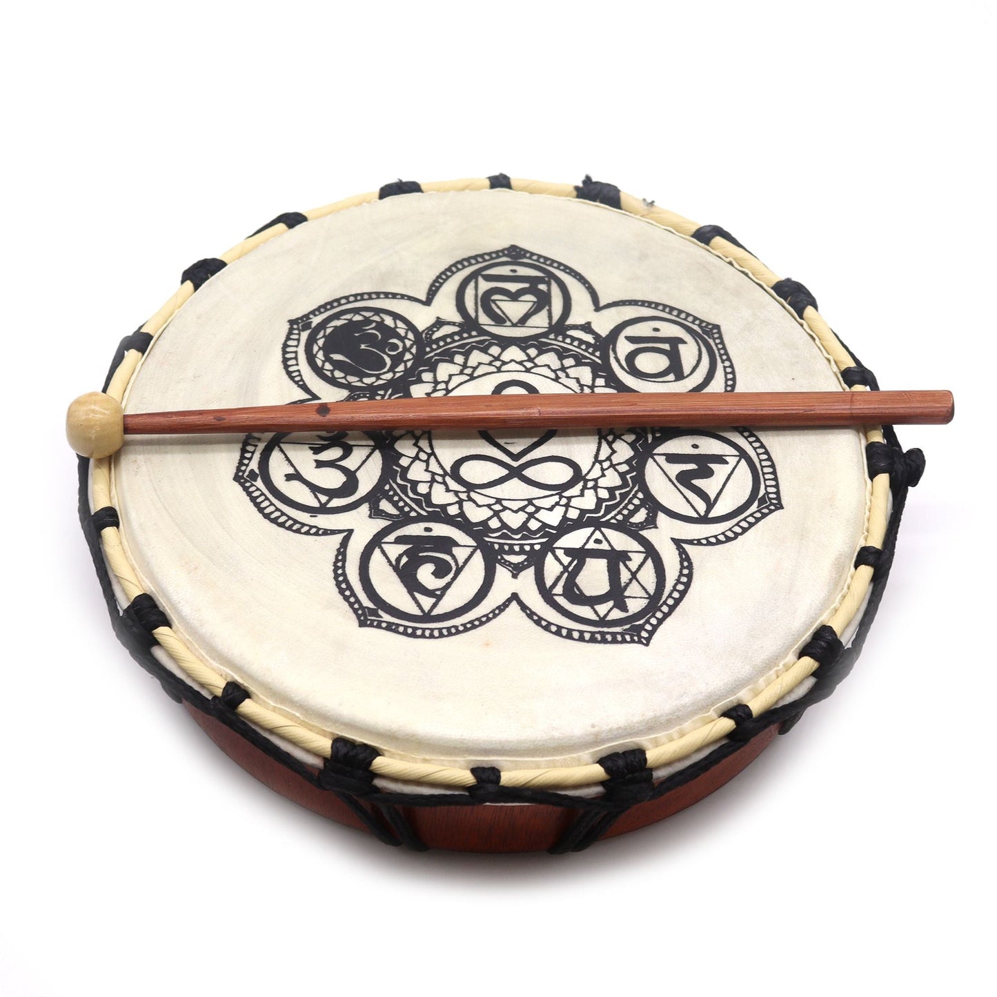 Chakra Shamanic Drum with Sticks – 25 CM handcrafted frame drum with seven chakra symbols and wooden beater