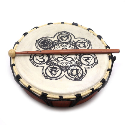 Chakra Shamanic Drum with Sticks – 25 CM handcrafted frame drum with seven chakra symbols and wooden beater