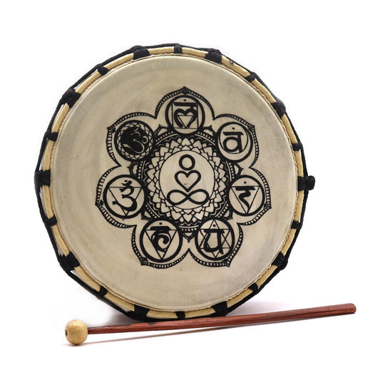 Chakra Shamanic Drum with Sticks – 25 CM, tambor chamánico artesanal con símbolos de los siete chakras y baqueta