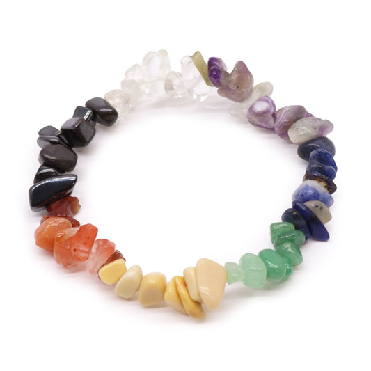 Chakra Stones Chipstone Bracelet with multicolor natural gemstone chip beads on elastic cord, photographed on white background