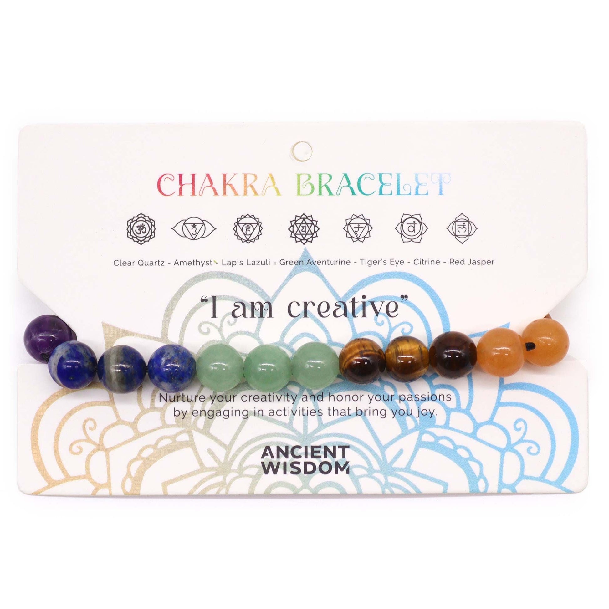 Chakra String Bracelets – 21 Stones con 21 cuentas de gemas naturales en cordón ajustable, pulsera de chakras sobre tarjeta "Chakra Bracelet"
