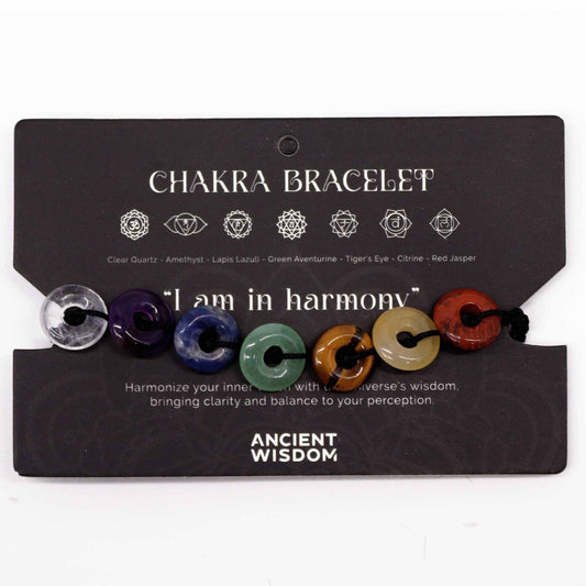 Chakra String Bracelets – Mini Donuts with seven donut-shaped gemstone beads on black “Chakra Bracelet” display card