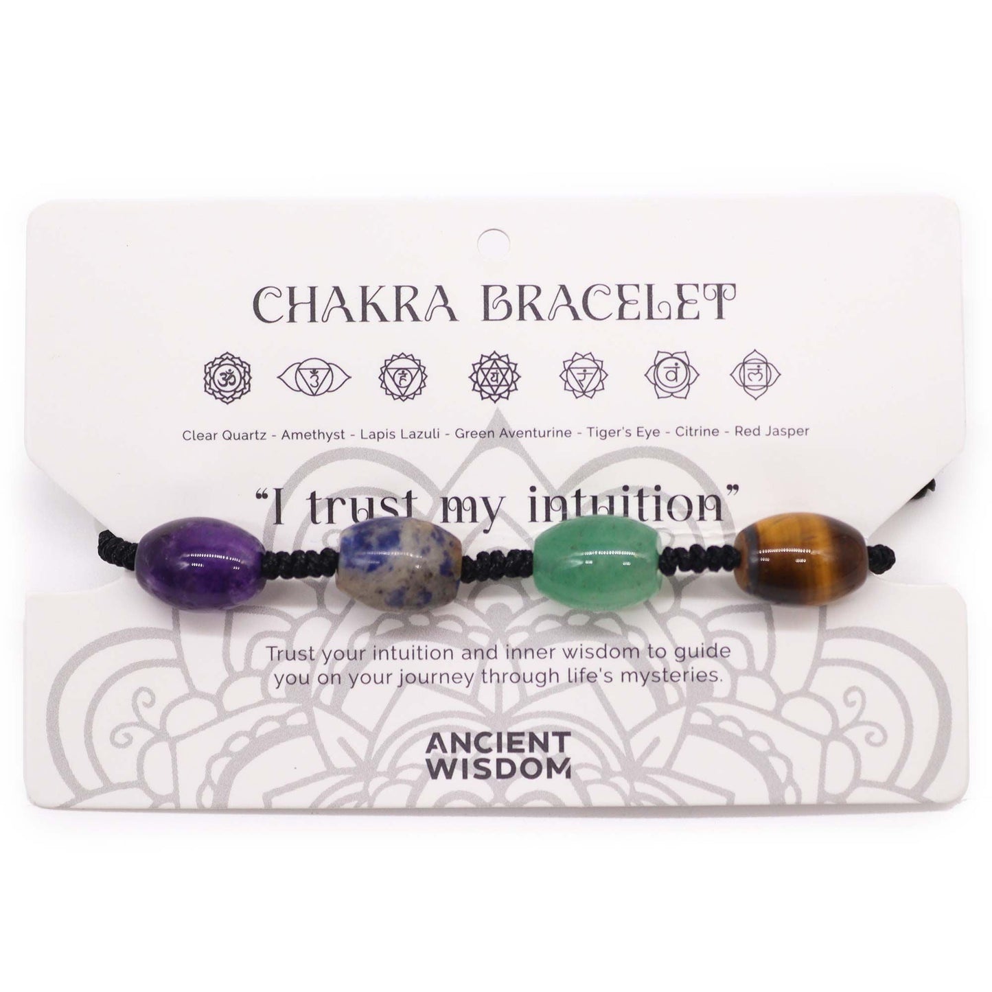 Alt Tag: Chakra String Bracelets – Beads con cuentas de gemas naturales y cordón ajustable, pulsera chakra artesanal en tarjeta "Chakra Bracelet"