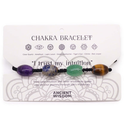 Alt Tag: Chakra String Bracelets – Beads con cuentas de gemas naturales y cordón ajustable, pulsera chakra artesanal en tarjeta "Chakra Bracelet"
