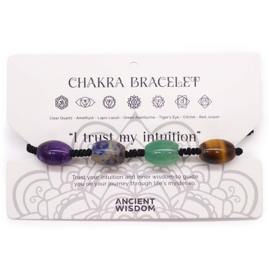 Alt Tag: Chakra String Bracelets – Beads con cuentas de gemas naturales y cordón ajustable, pulsera chakra artesanal en tarjeta "Chakra Bracelet"