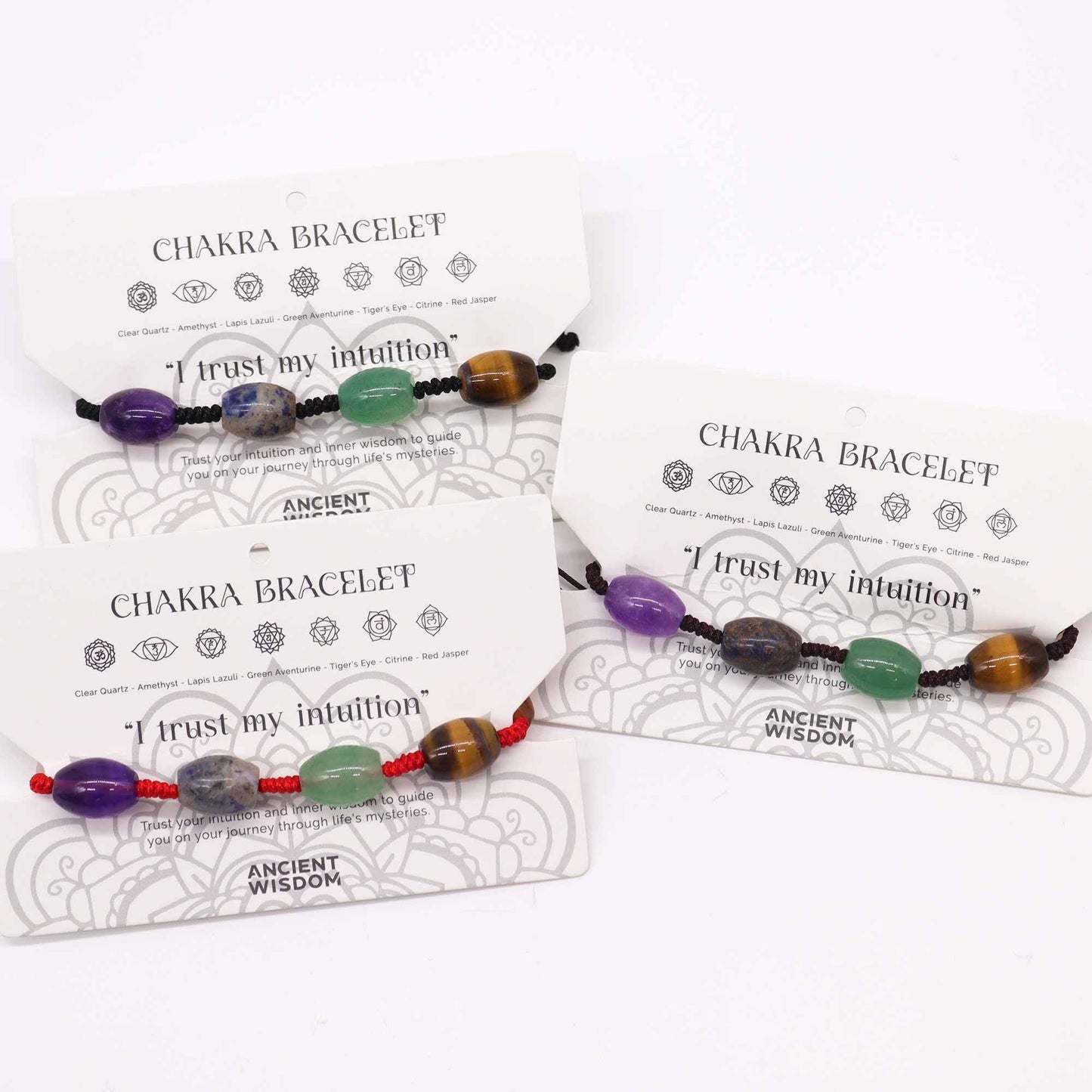 Chakra String Bracelets – Beads adjustable string bracelet with natural gemstone beads on display cards