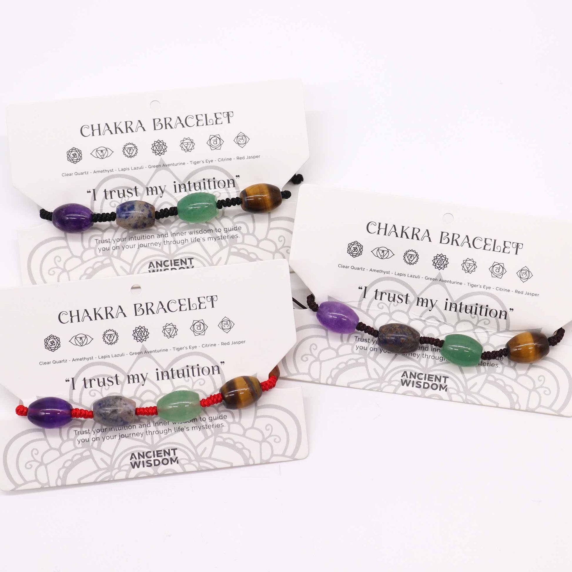 Chakra String Bracelets – Beads adjustable string bracelet with natural gemstone beads on display cards