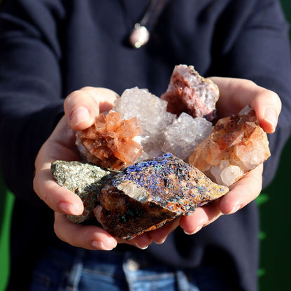 Alt Tag: Chalcopyrite Mineral Collection – Approx. 80 Pieces, hands holding mixed crystal mineral specimens including chalcopyrite and quartz