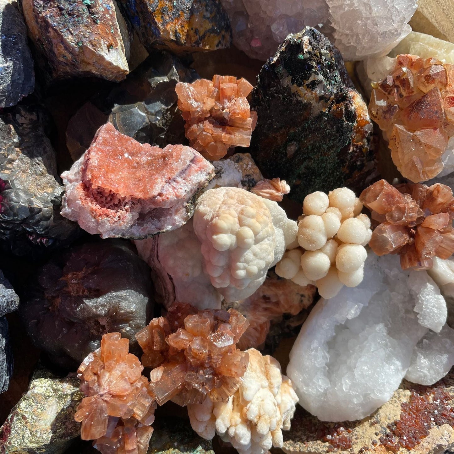 Alt Tag: Chalcopyrite Mineral Collection – Approx. 80 Pieces, assorted mineral specimens with copper-gold chalcopyrite, quartz and crystal clusters