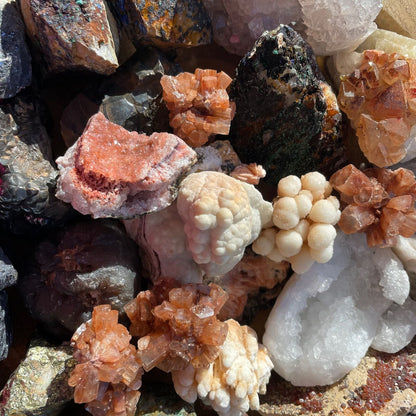Alt Tag: Chalcopyrite Mineral Collection – Approx. 80 Pieces, assorted mineral specimens with copper-gold chalcopyrite, quartz and crystal clusters