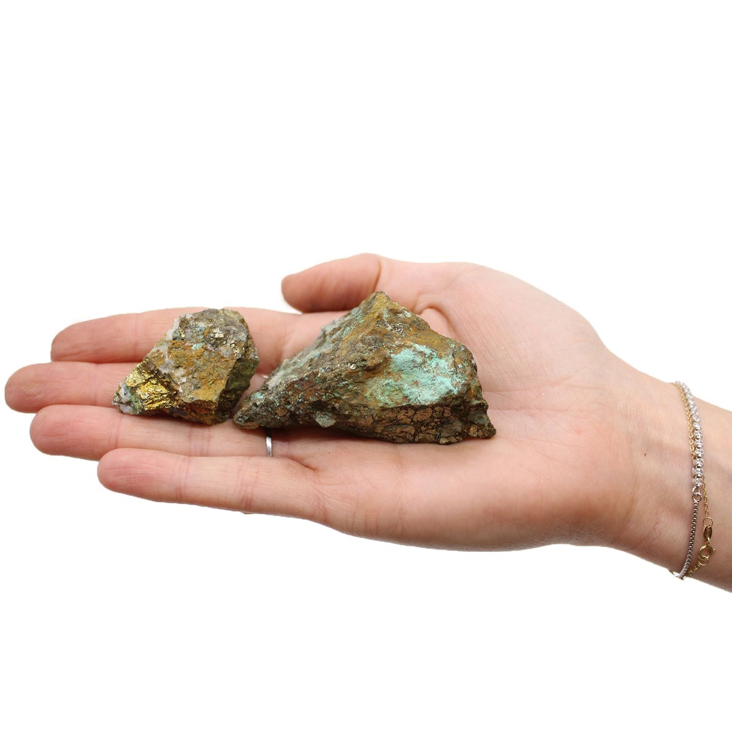 Chalcopyrite Mineral Collection – Approx. 80 Pieces, two chalcopyrite mineral specimens displayed on an open hand