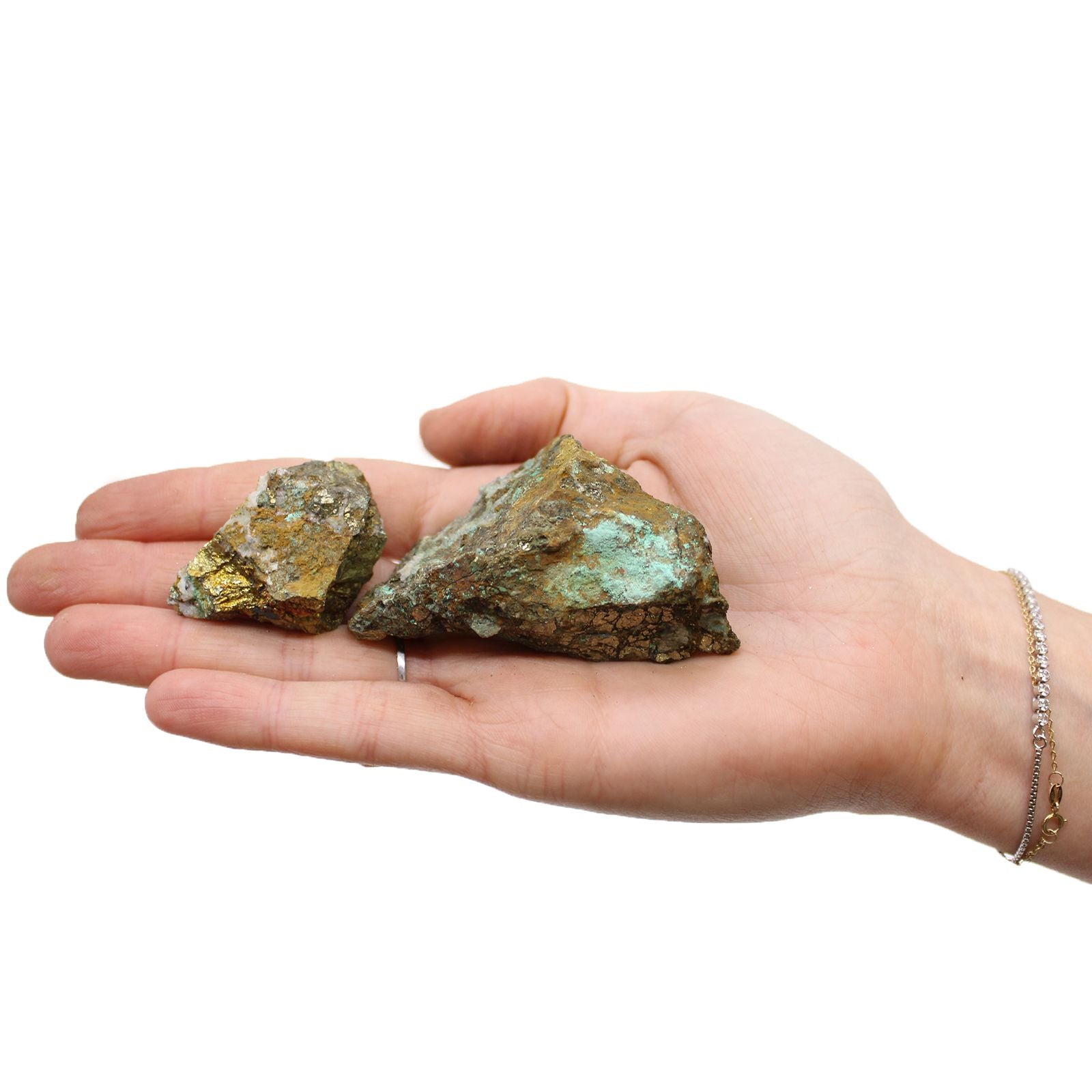 Chalcopyrite Mineral Collection – Approx. 80 Pieces, two chalcopyrite mineral specimens displayed on an open hand