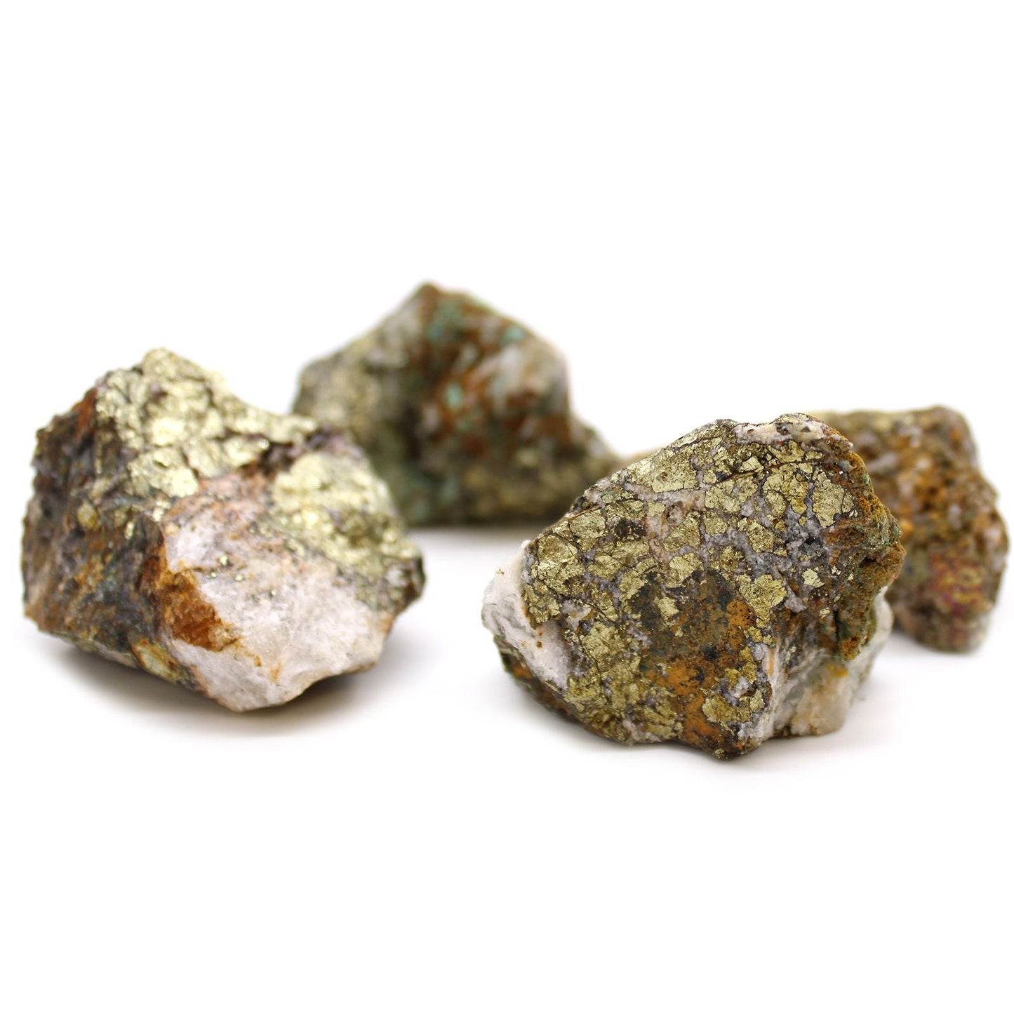 Chalcopyrite Mineral Collection – Approx. 80 Pieces, chalcopyrite mineral specimens with brassy metallic luster on white background
