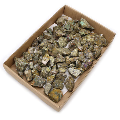 Alt Tag: Chalcopyrite Mineral Collection – Approx. 80 Pieces, rough chalcopyrite stones in cardboard tray, metallic brassy crystals