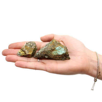 Chalcopyrite Mineral Collection – Approx. 80 Pieces, chalcopyrite stones in hand on white background