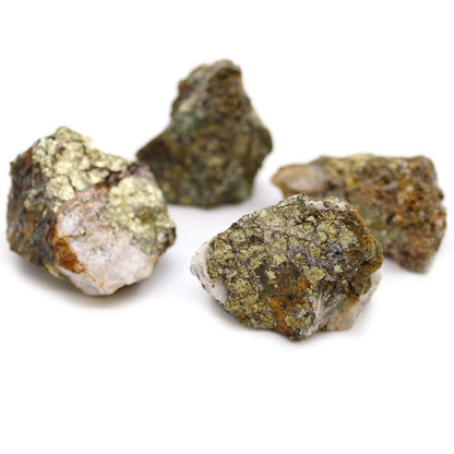 Chalcopyrite Mineral Collection – Approx. 80 Pieces, chalcopyrite rough mineral specimens with metallic golden luster on white background