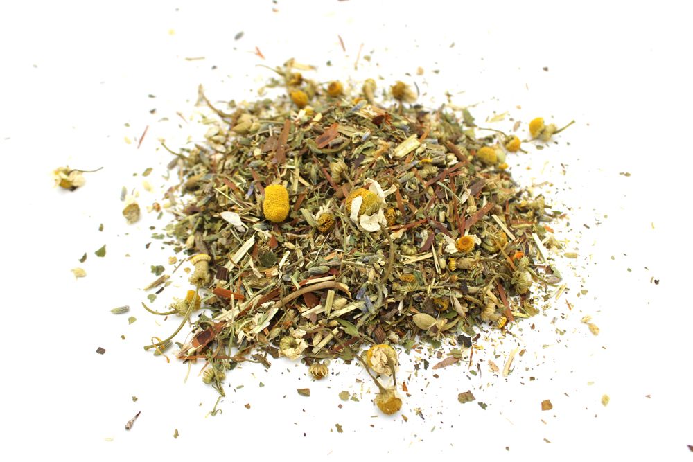 Chamomile Herbal Tea Infusion – 50G loose leaf blend with chamomile flowers, lavender, and lemon balm on white background