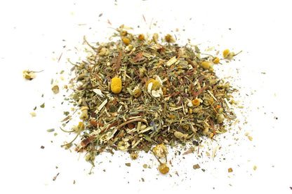 Chamomile Herbal Tea Infusion – 50G loose leaf blend with chamomile flowers, lavender, and lemon balm on white background