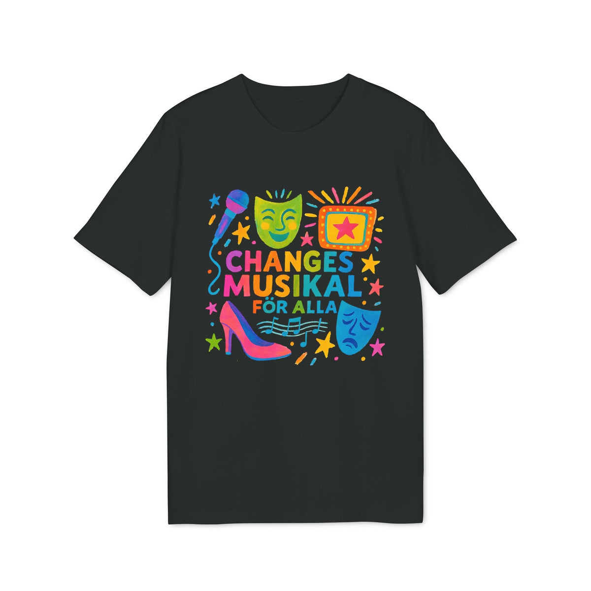 Alt Tag: Changes Musikal Alla Sustainable Unisex Tee black t-shirt with colorful “Changes Musikal for Alla” graphic, masks, mic and stars