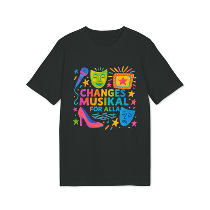 Alt Tag: Changes Musikal Alla Sustainable Unisex Tee black t-shirt with colorful “Changes Musikal for Alla” graphic, masks, mic and stars