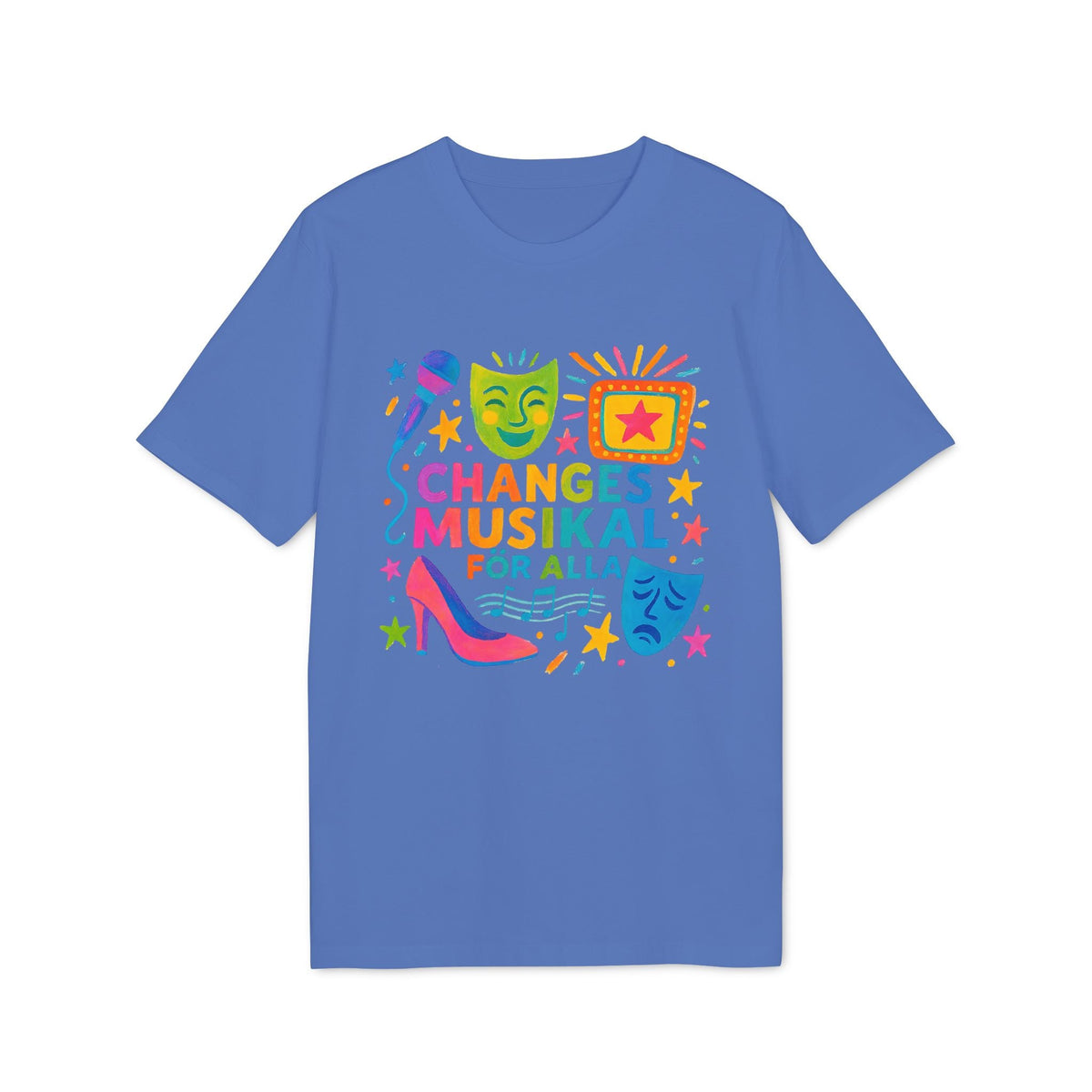 Alt Tag: Changes Musikal Alla Sustainable Unisex Tee blue graphic t-shirt with colorful theater masks, shoe, and star design