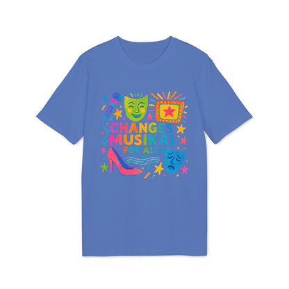 Alt Tag: Changes Musikal Alla Sustainable Unisex Tee blue graphic t-shirt with colorful theater masks, shoe, and star design
