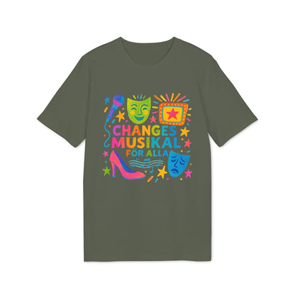 Changes Musikal Alla Sustainable Unisex Tee in olive green with colorful theater masks, microphone, shoe and "Changes Musikal for All" graphic
