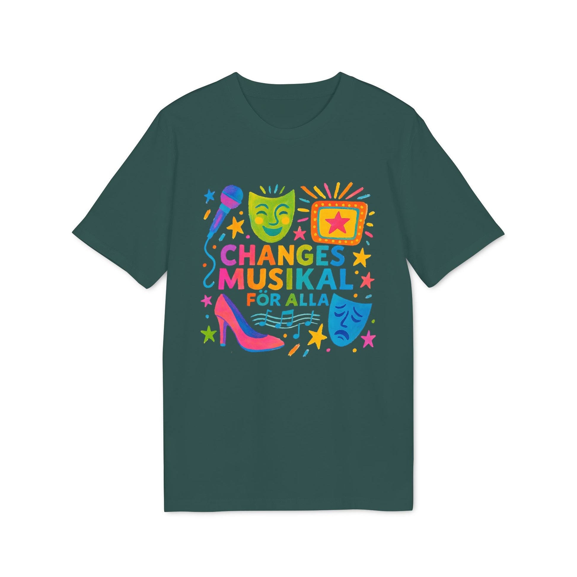 Changes Musikal Alla Sustainable Unisex Tee in verde oscuro con gráfico colorido de micrófono, máscaras teatrales, zapato y texto “CHANGES MUSIKAL”