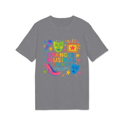 Changes Musikal Alla Sustainable Unisex Tee camiseta gris unisex con gráfico colorido de teatro, micrófono y tacón alto
