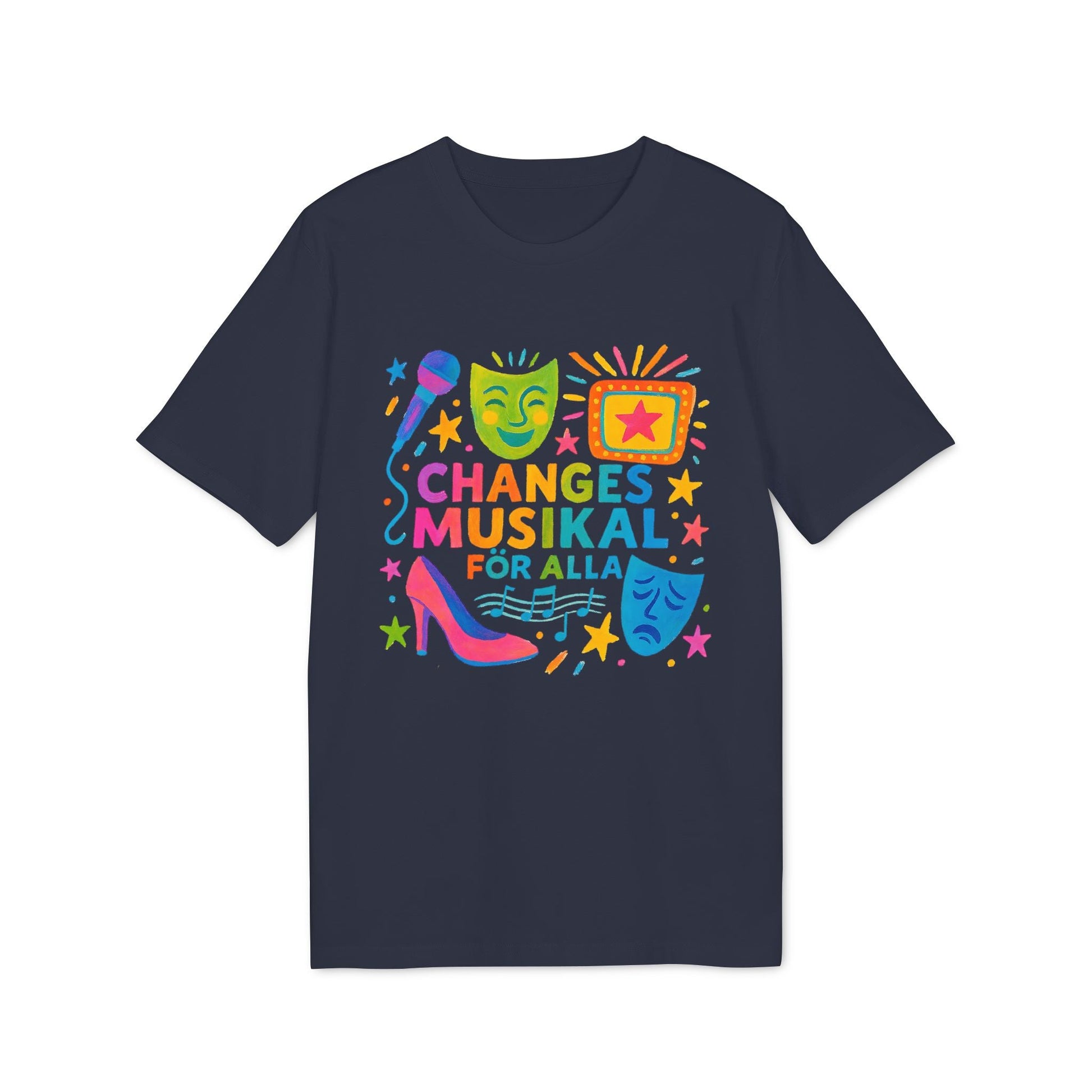 Changes Musikal Alla Sustainable Unisex Tee en color azul marino con gráfico multicolor de micrófono, máscaras teatrales y texto “Changes Musikal for Alla”