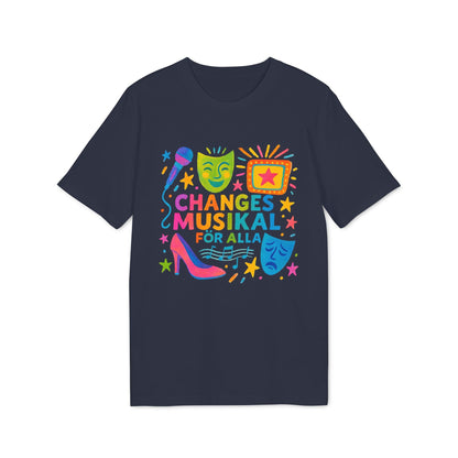 Changes Musikal Alla Sustainable Unisex Tee en color azul marino con gráfico multicolor de micrófono, máscaras teatrales y texto “Changes Musikal for Alla”