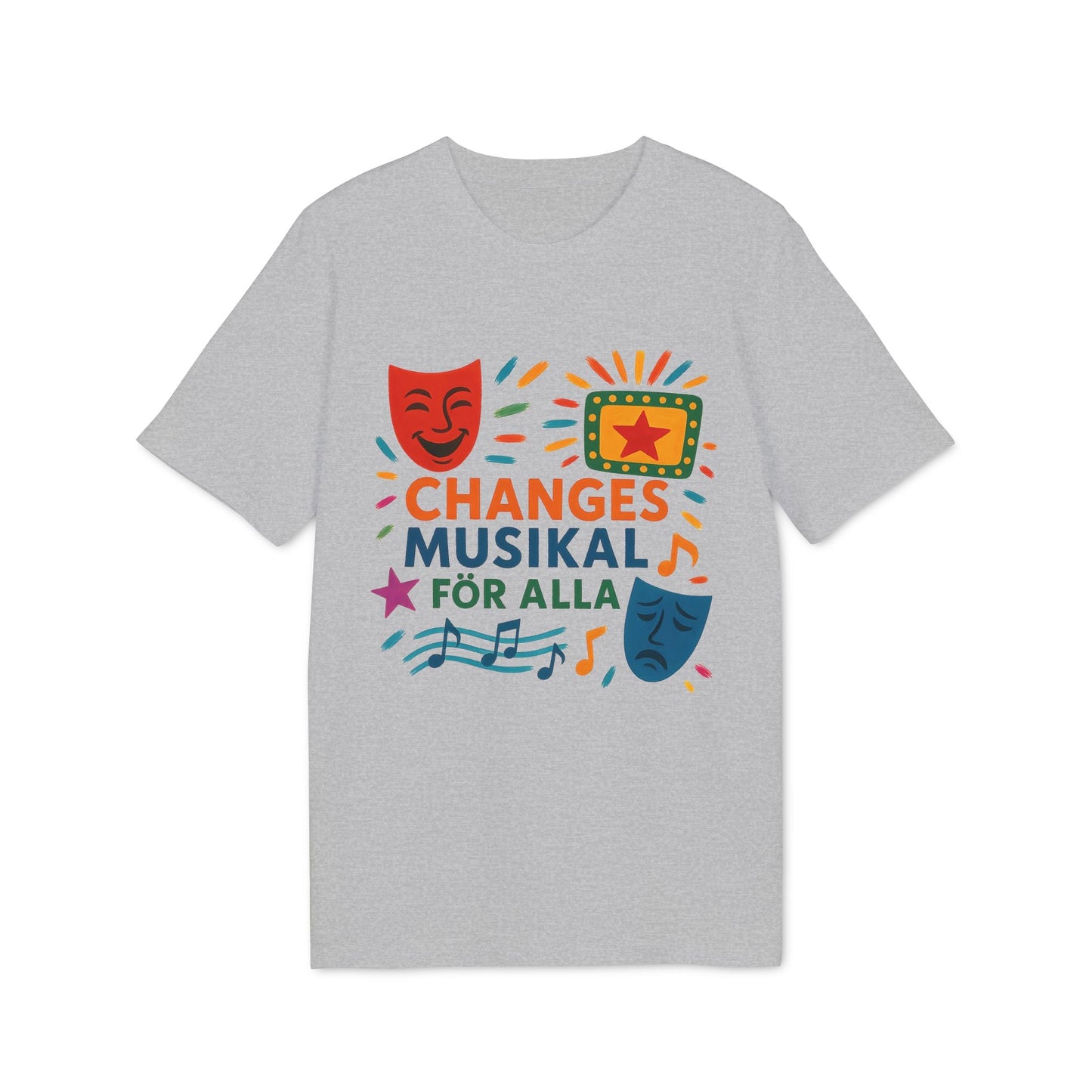 Changes Musikal Alla Som Älskar Musikal Premium Unisex T-Shirt grå t-shirt med färgglad musikaldesign, teatermasker och noter