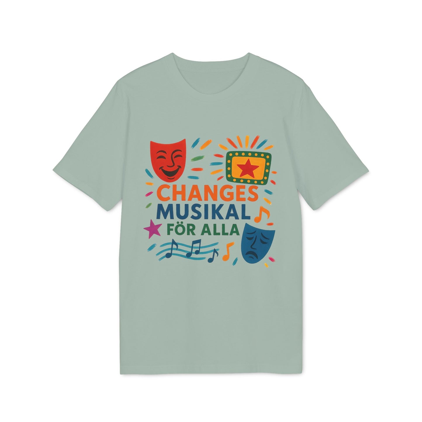 Alt Tag: Changes Musikal Alla Som Älskar Musikal Premium Unisex T-Shirt, light green tee with “CHANGES MUSIKAL FÖR ALLA” theater masks and music notes