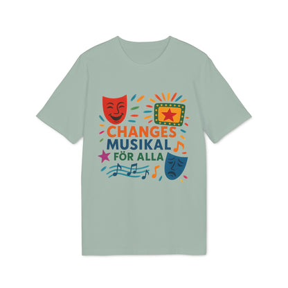 Alt Tag: Changes Musikal Alla Som Älskar Musikal Premium Unisex T-Shirt, light green tee with “CHANGES MUSIKAL FÖR ALLA” theater masks and music notes
