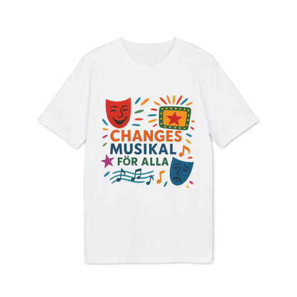 Alt Tag: Changes Musikal Alla Som Älskar Musikal Premium Unisex T-Shirt vit t-shirt med färgglad "Changes Musikal"-grafik, teatermasker