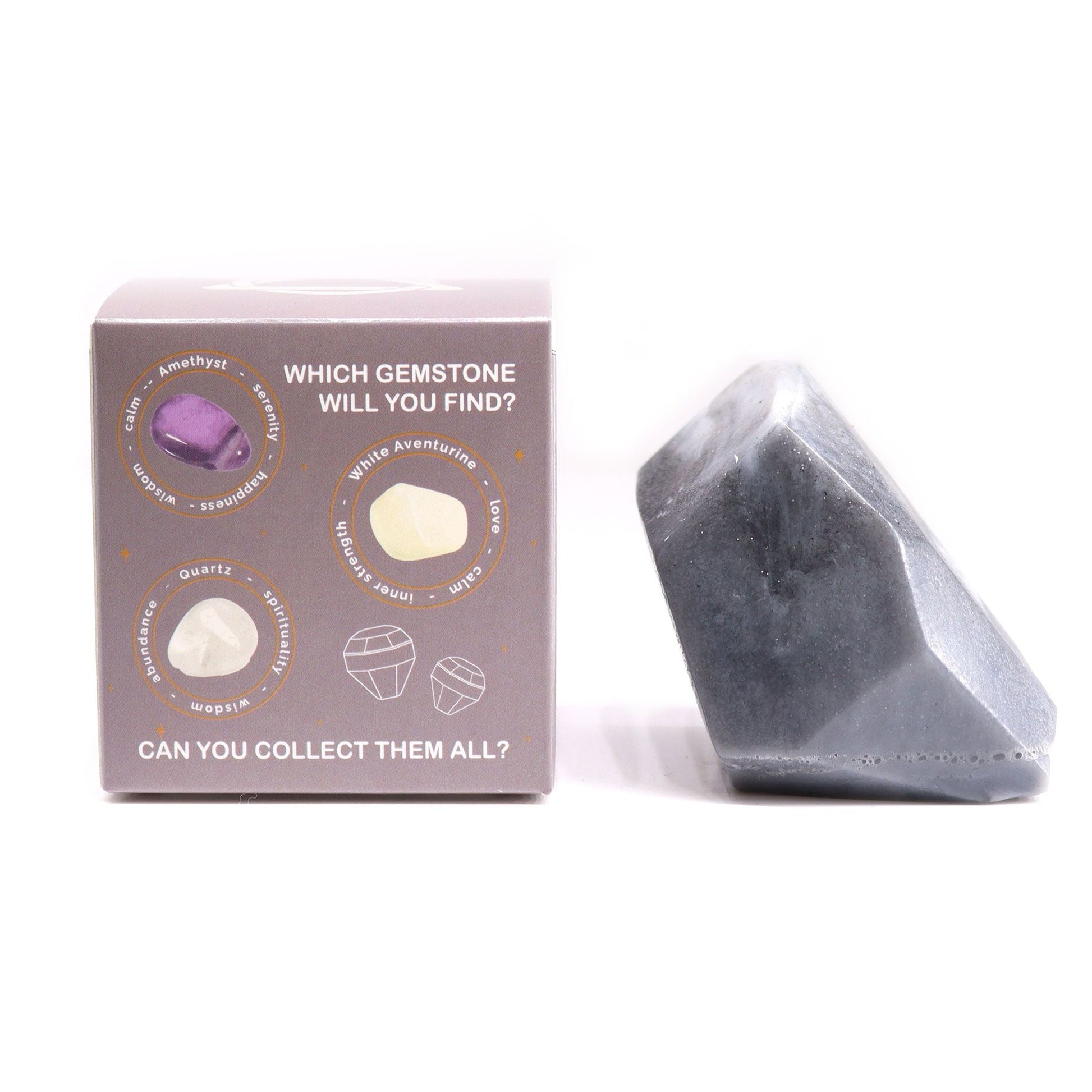 Charcoal Crystal Soap – Air 100G box packaging with gemstone surprise graphic beside gray crystal-shaped soap bar