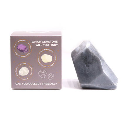 Charcoal Crystal Soap – Air 100G box packaging with gemstone surprise graphic beside gray crystal-shaped soap bar