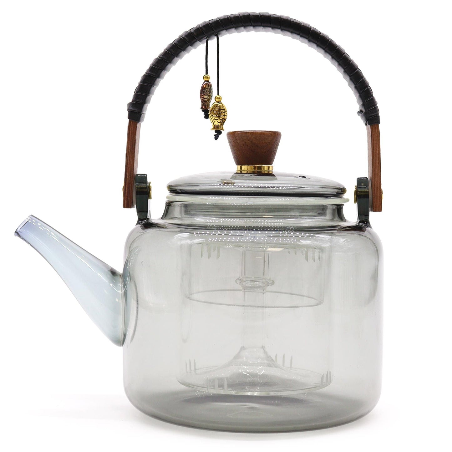 Charcoal Glass Infuser Teapot – 1000ML, clear glass teapot with built-in infuser, wooden lid knob and arched handle