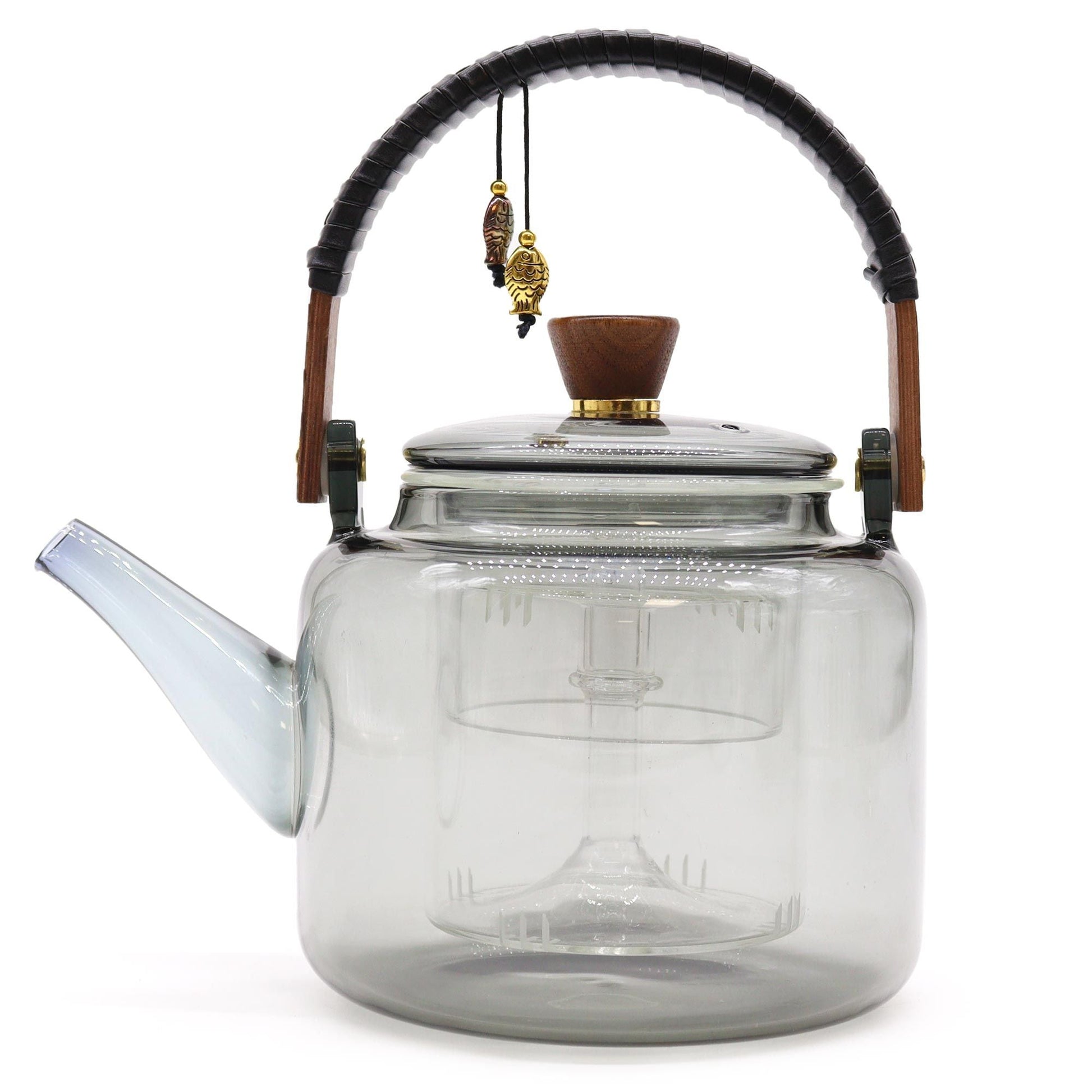 Charcoal Glass Infuser Teapot – 1000ML, clear glass teapot with built-in infuser, wooden lid knob and arched handle