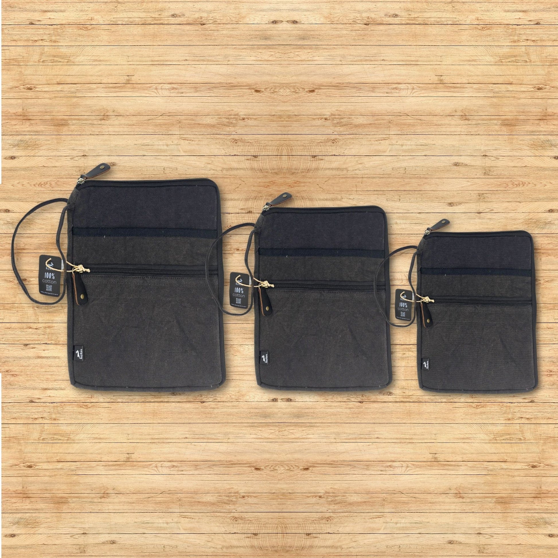 Alt Tag: Charcoal Stonewash Laptop Pouch – 30x40 CM jute and cotton zip laptop pouch in charcoal stonewash, shown in three sizes