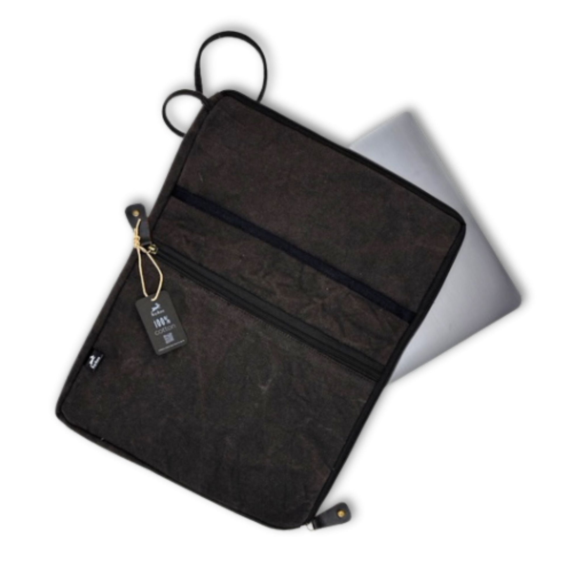 Alt Tag: Charcoal Stonewash Laptop Pouch – 30x40 CM jute y algodón con cremallera, funda para portátil y tablet color carbón