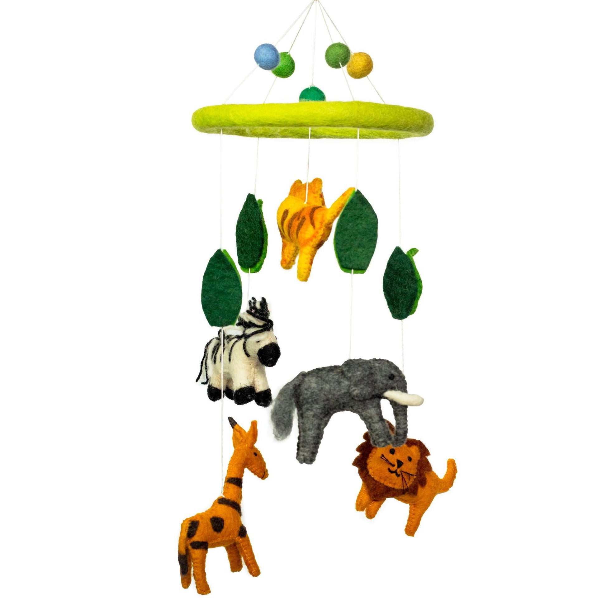 Alt Tag: Charming Felt Safari Mobile – 20x55 CM felt nursery mobile with safari animals zebra elephant lion giraffe and hanging leaves