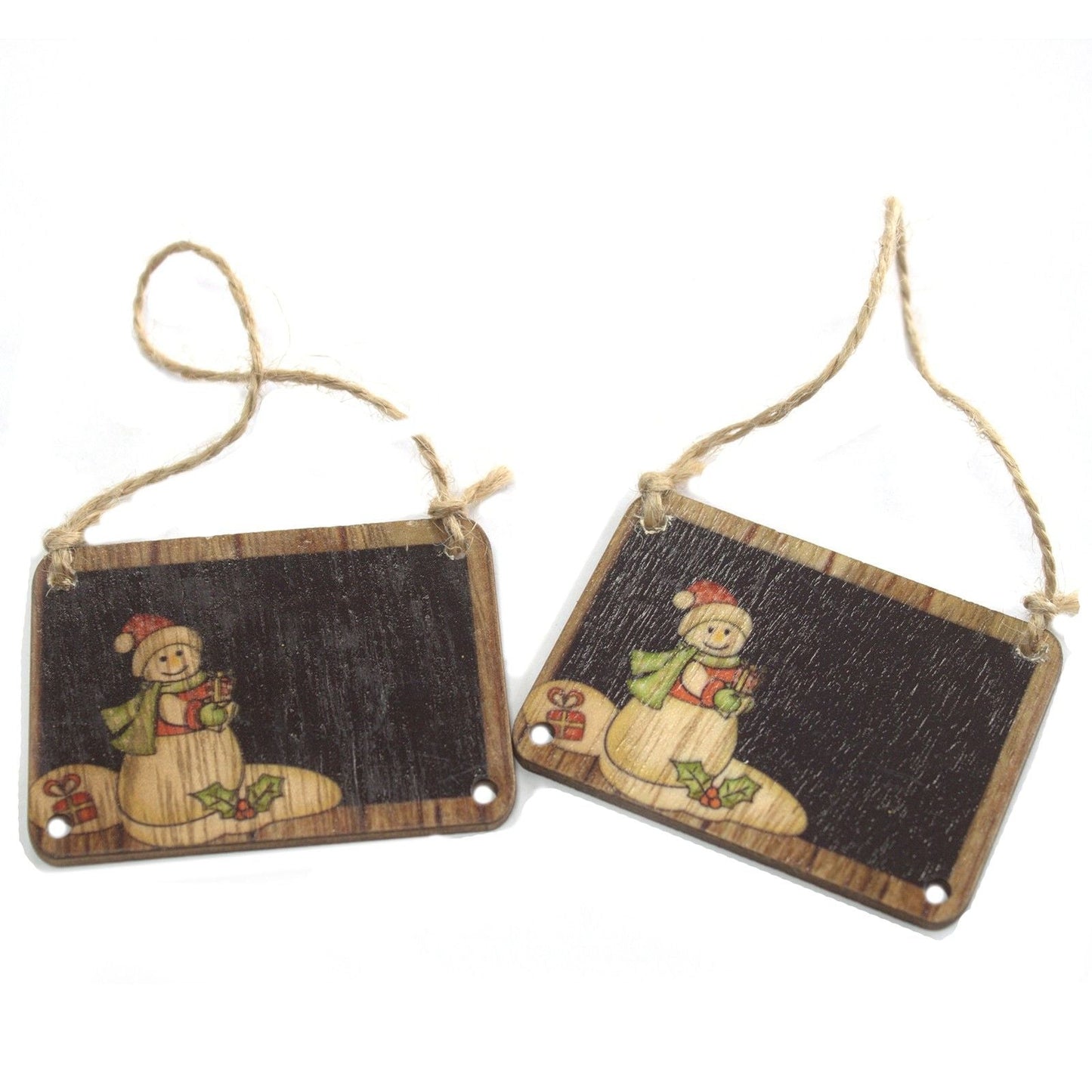 Alt Tag: Charming MDF Snowman Crafts – 7x7 CM Duo, set of two hanging MDF snowman ornaments on rustic black plaques with twine loops