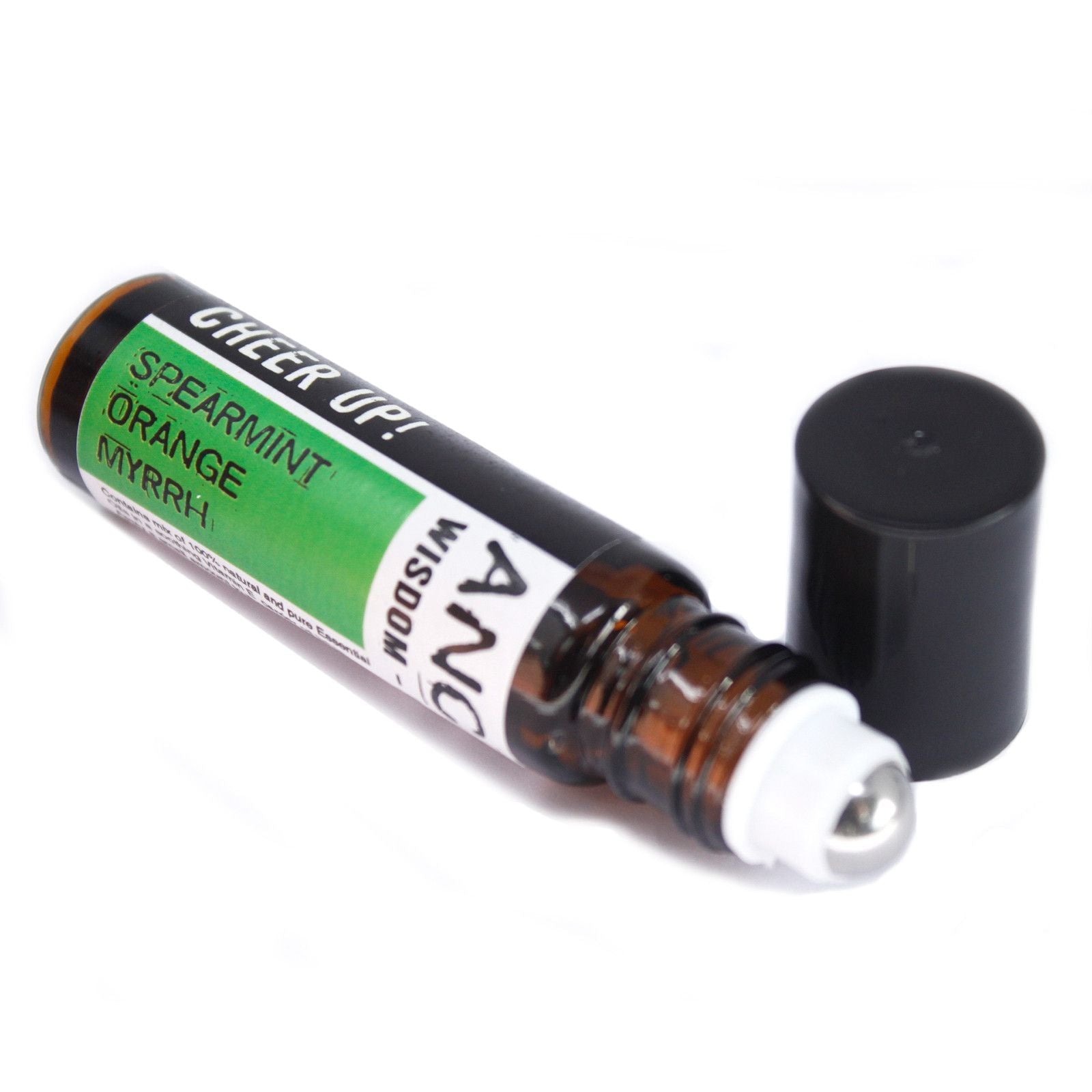 Cheer Up Essential Oil Blend Roll-On – 10ML frasco roll-on 10 ml con aceites de menta verde, naranja y mirra, con tapa negra